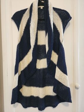 CAbi Skipper Striped Navy and Cream Open-Front Knit Sweater Vest